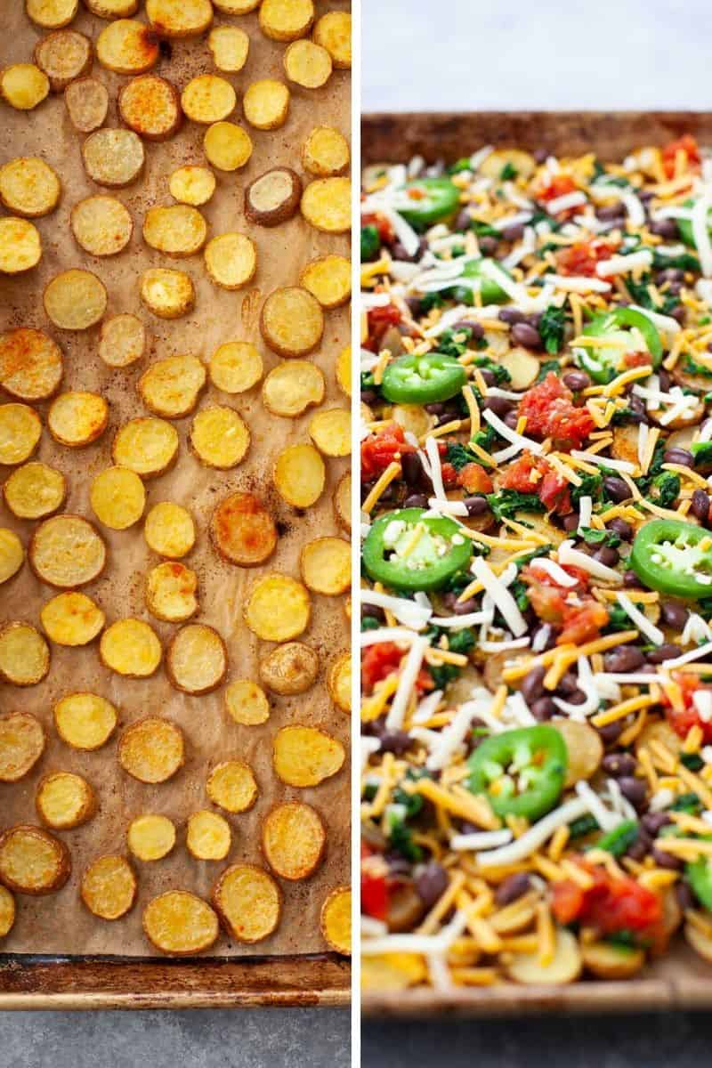 two photos showing thinly sliced potatoes and toppings like shredded cheese, jalapenos, and black beans