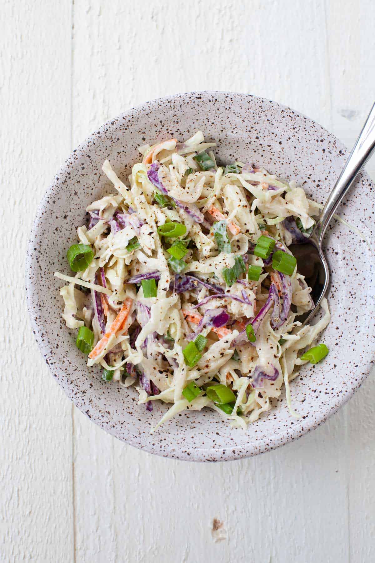 bowl of homemade coleslaw with scallions for garnish