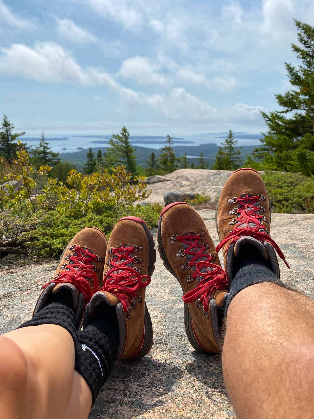 matching hiking boots being worn on a hike