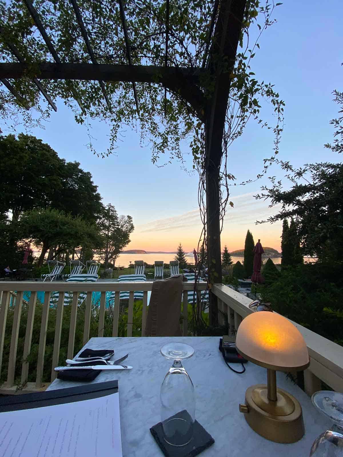 sunset view from an outdoor patio in Bar Harbor, Maine