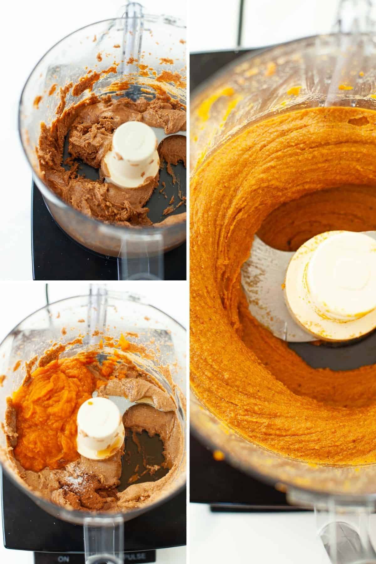 collage showing process of almond butter, maple syrup, pumpkin pie spice, pumpkin puree in food processor