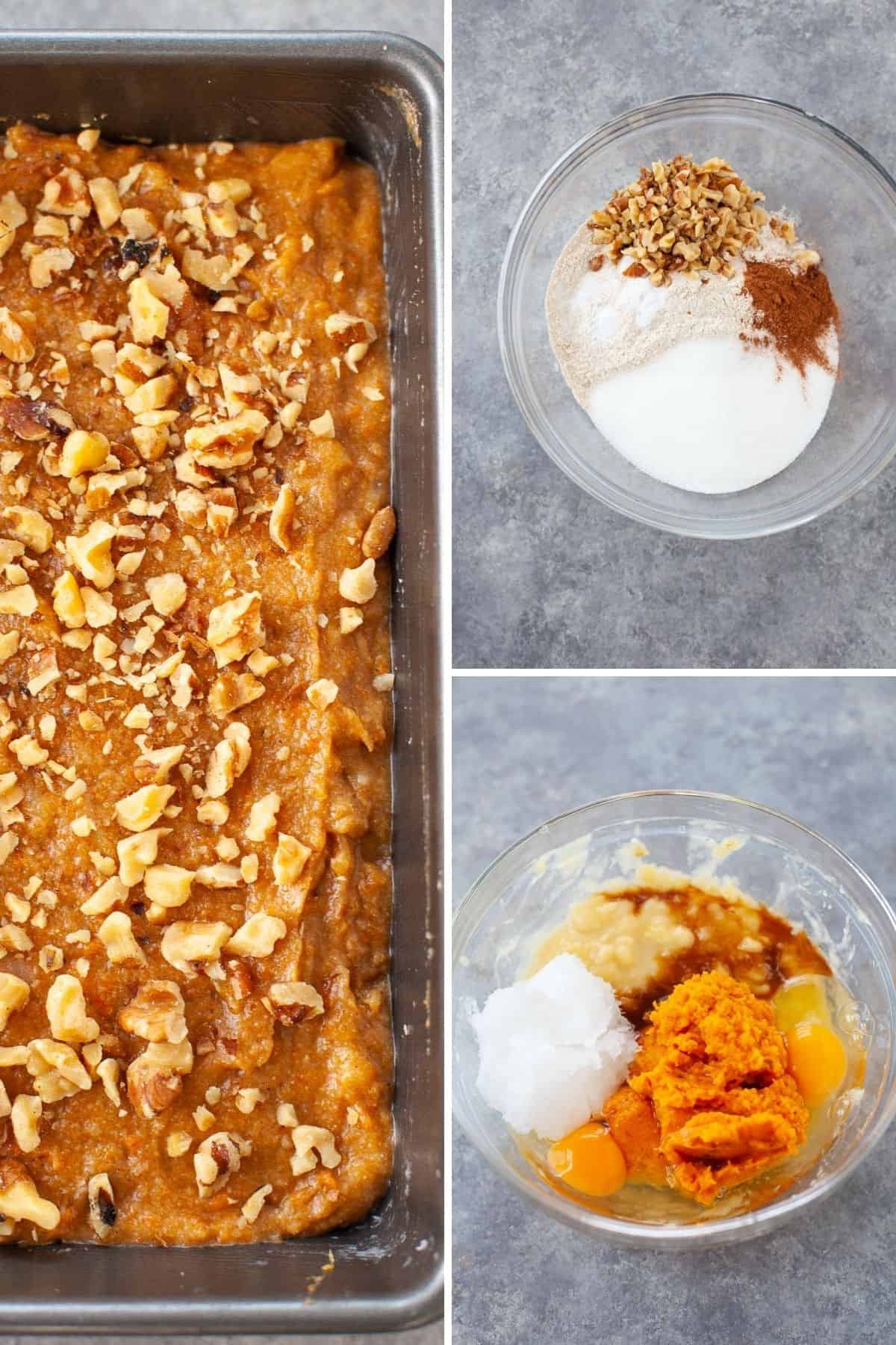 three photos showing ingredients for Whole Wheat Butternut Squash Banana Bread in a mixing bowl and the mixture spread out in loaf pan