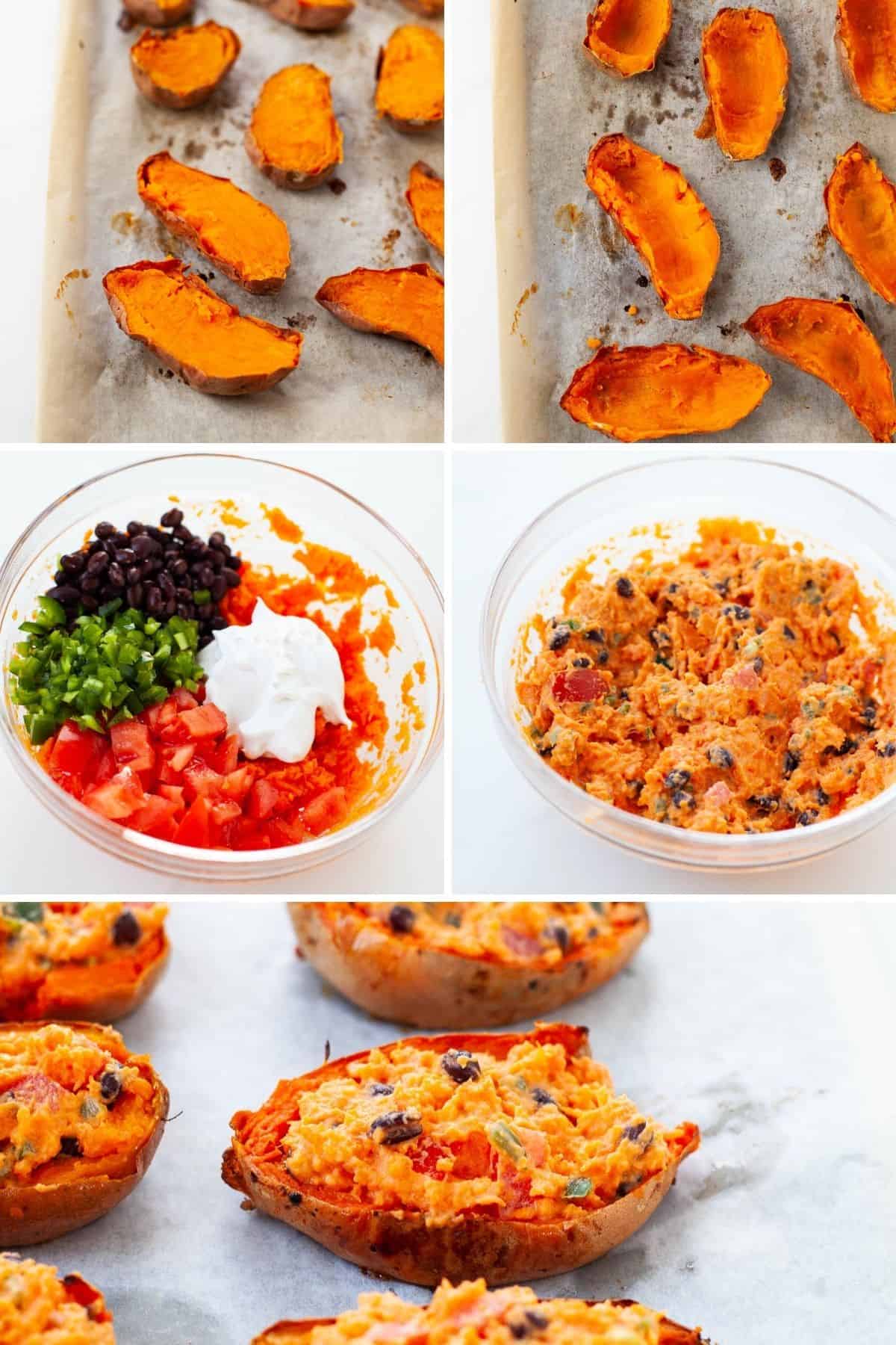 Baked sweet potatoes on sheet pan. Black beans, jalapeño, diced tomato, and mixed together in bowl.