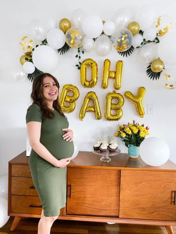 3rd trimester recap recommendations kara lydon nutrition virtual baby shower oh baby balloons green maternity dress