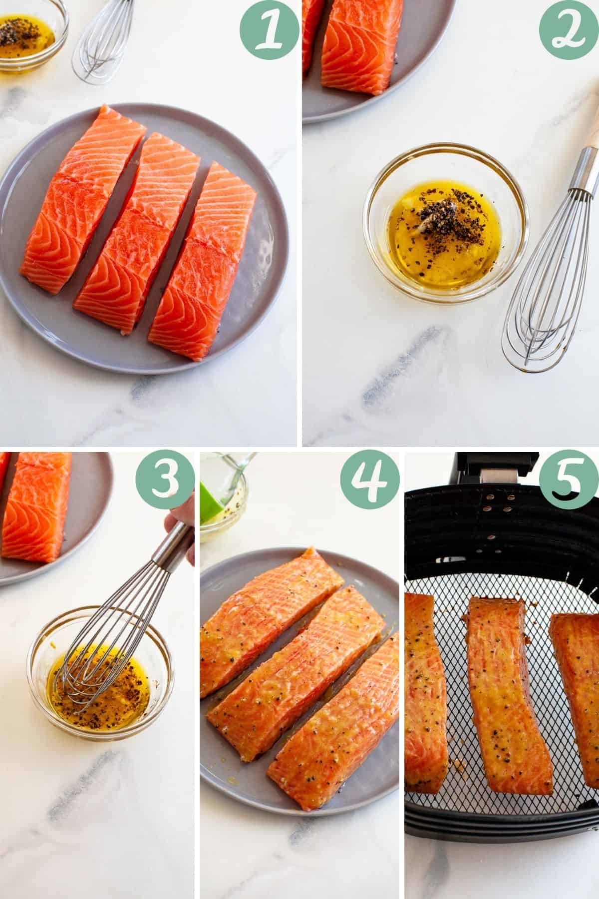 air fryer salmon fresh frozen step by step cooking process whisk marinade salmon in air fryer