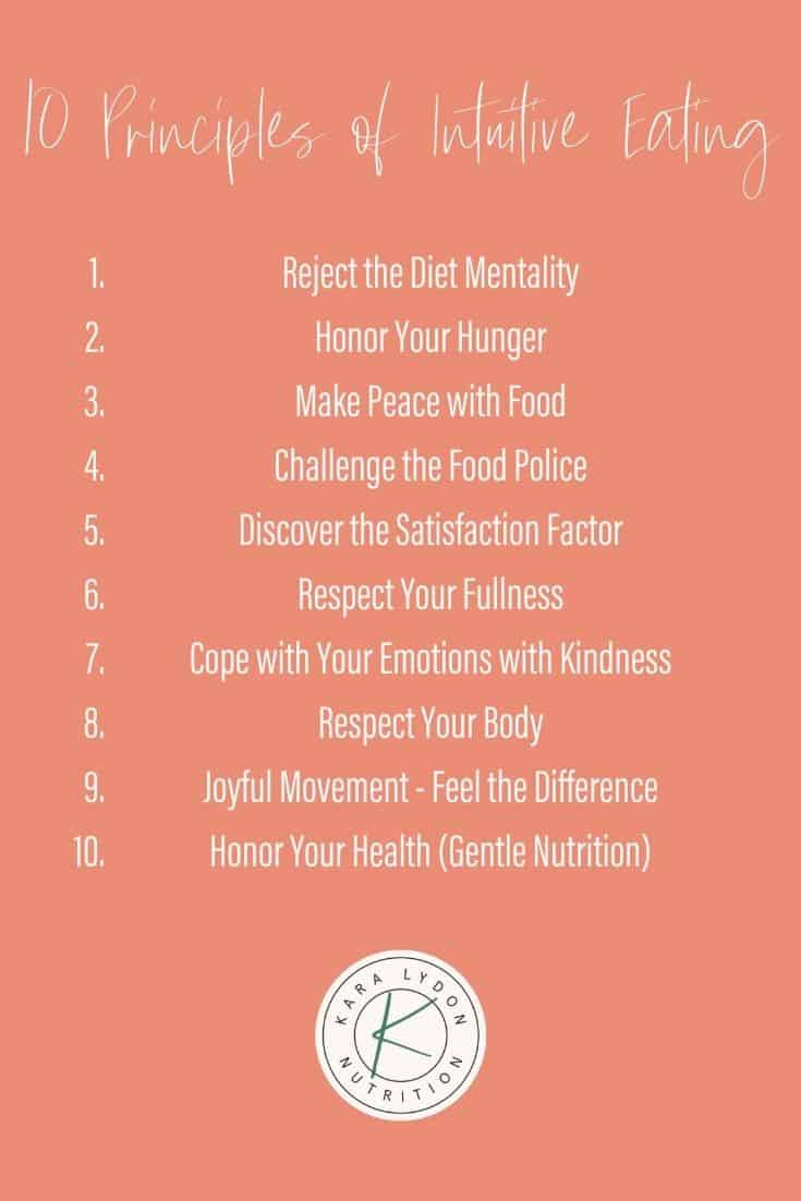 Graphic: 10 principles of intuitive eating listed on salmon background, white font