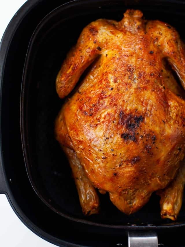 cooked whole chicken in air fryer basket TeamJiX