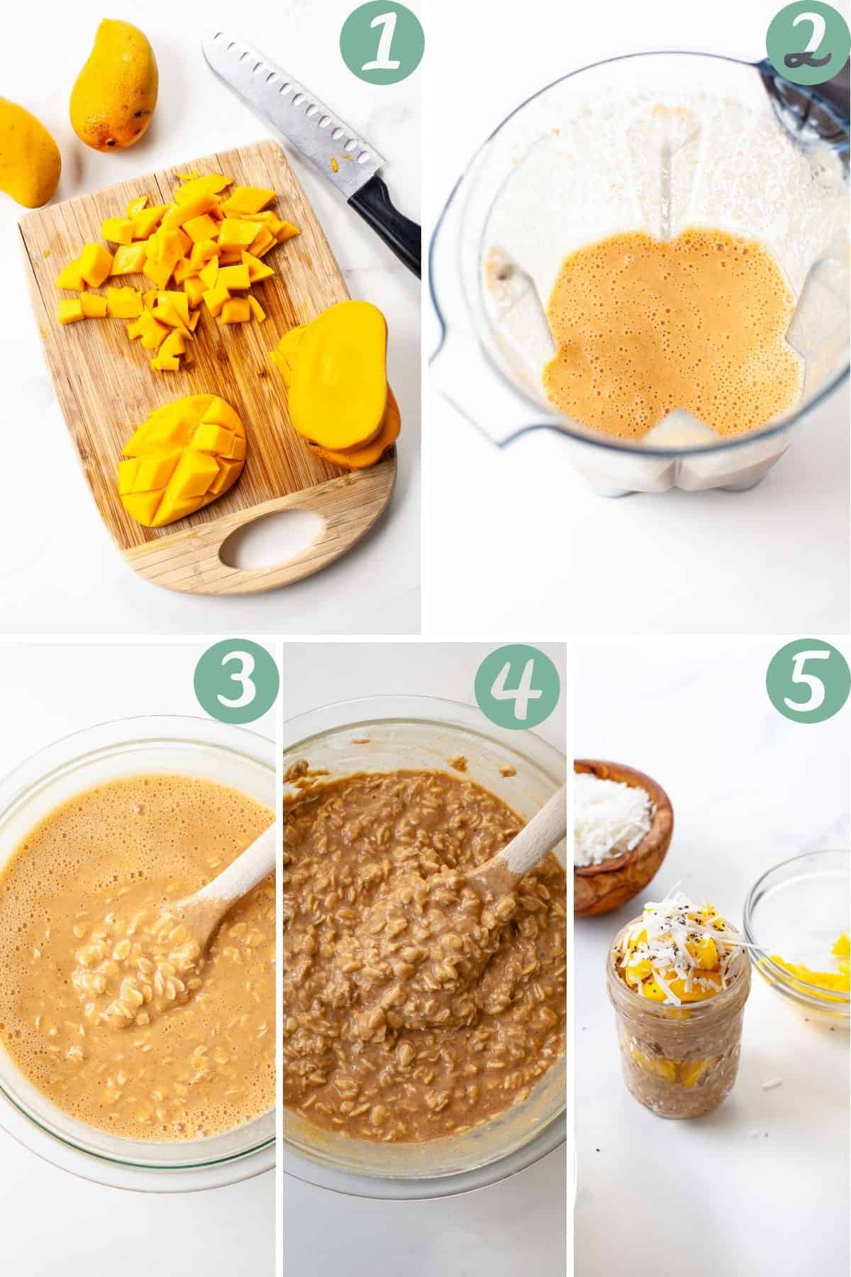 sliced mango. ingredients blended. oats added. oats chilled overnight. mason jar of oats with toppings. 
