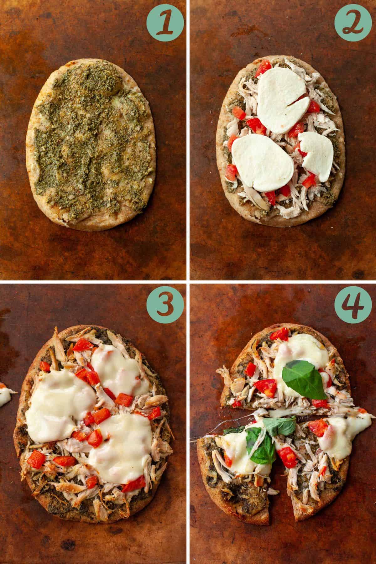 a graphic with four step by step pictures to make chicken pesto flatbread 