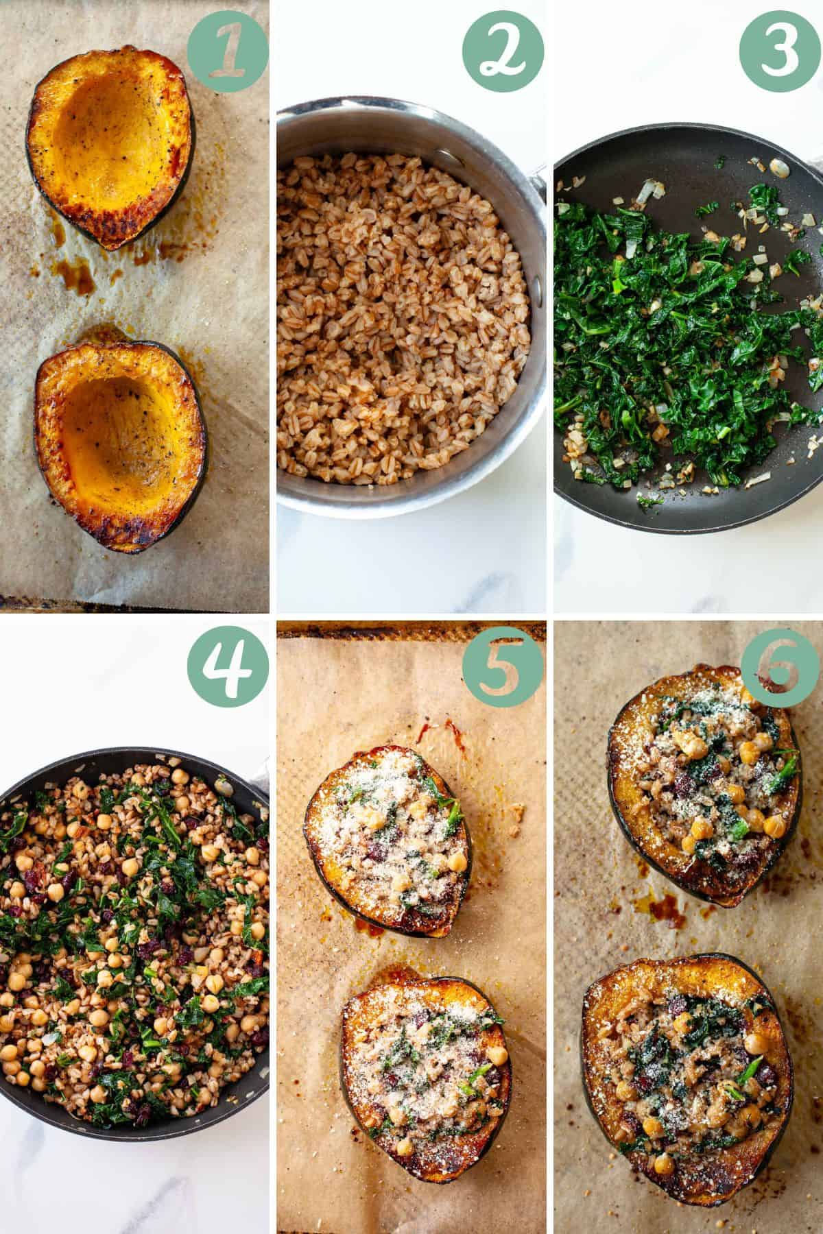 graphic with step by step instructions for how to make vegetarian stuffed acorn squash
