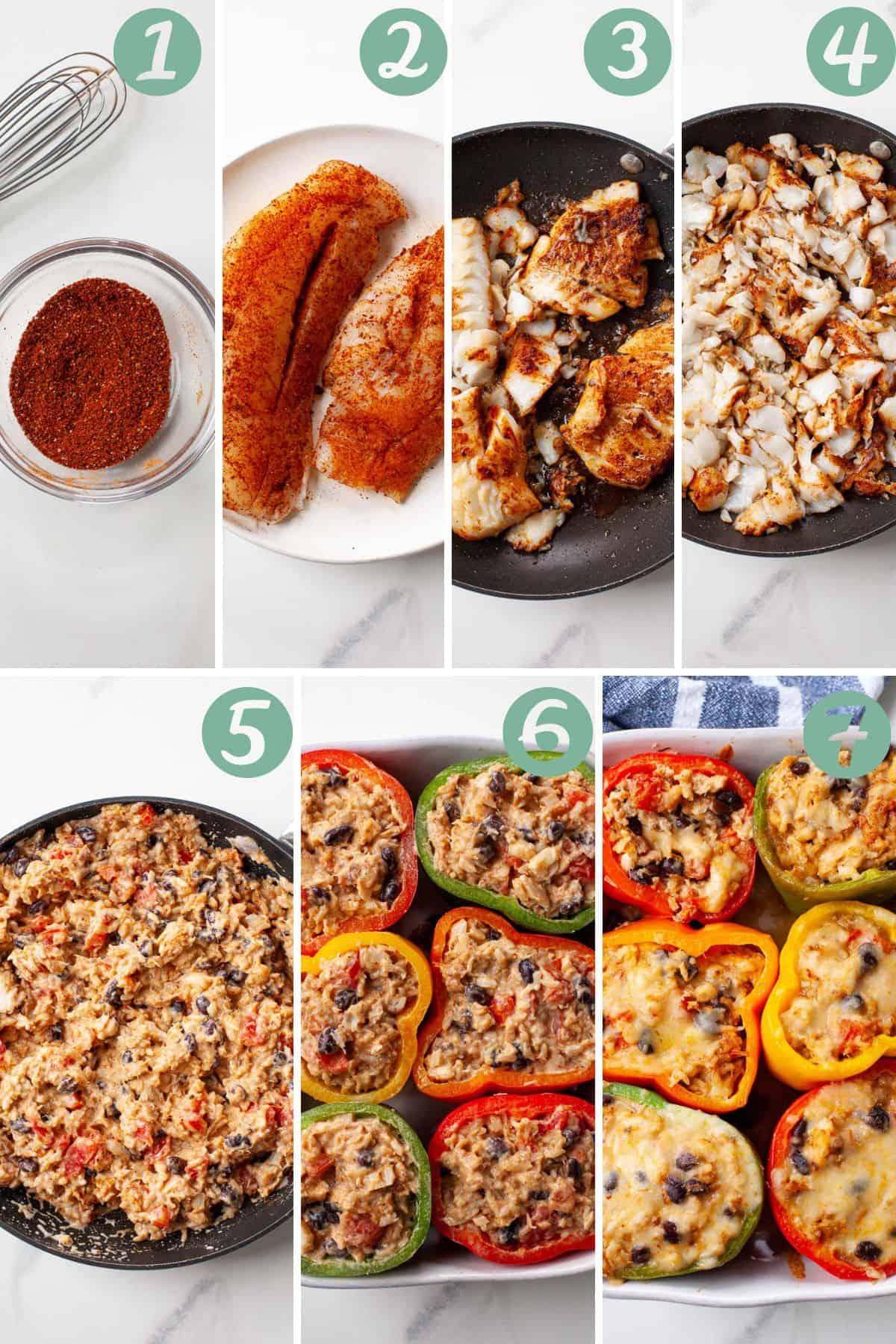 graphic with step by step photos for how to make seafood stuffed peppers