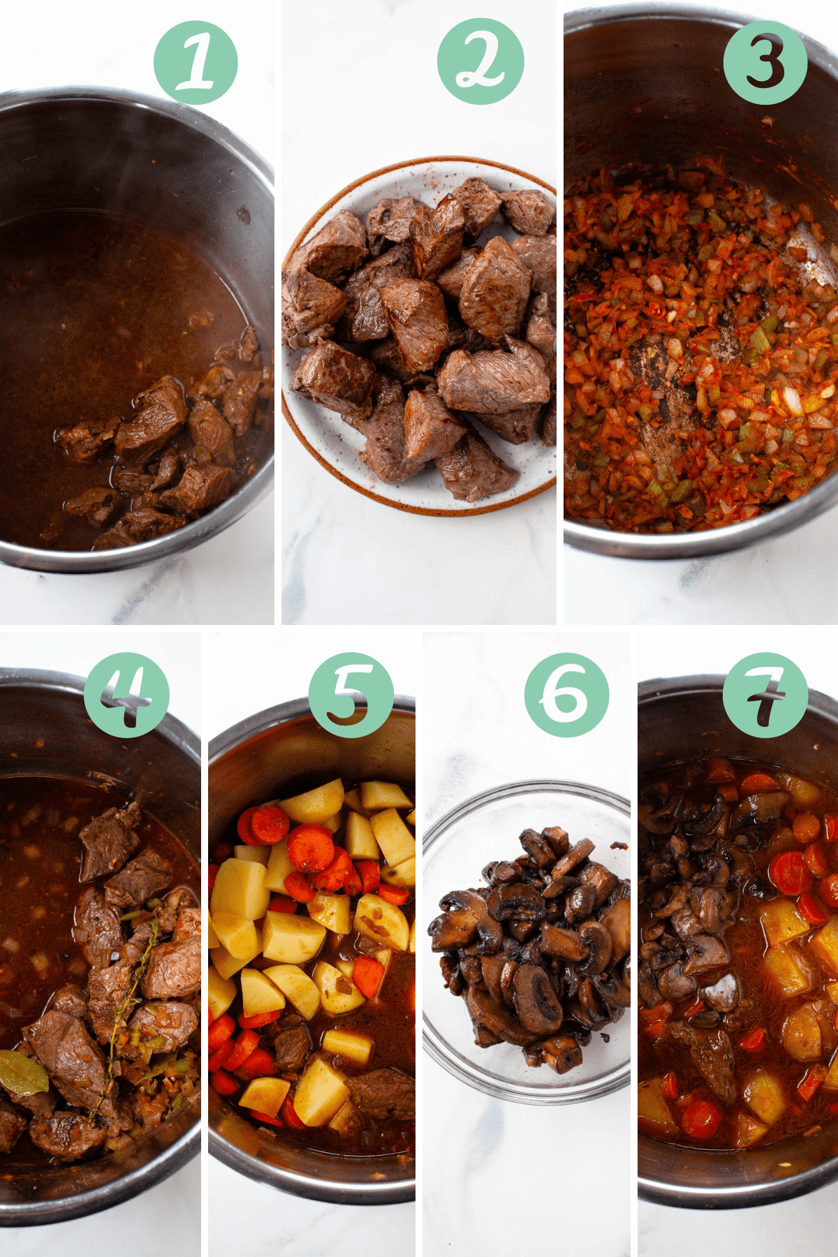 7 step process to make instant pot guiness beef stew shown.