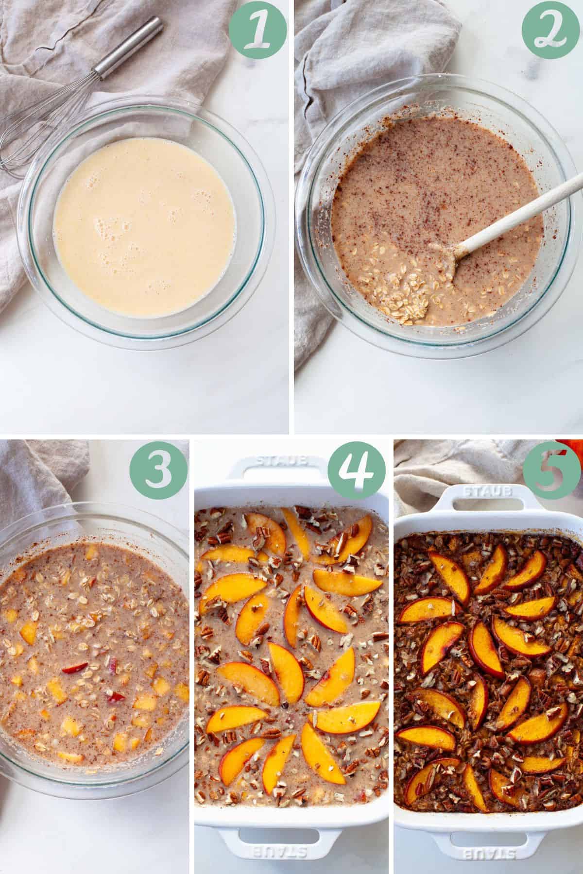 Step by step chart of how to make peach baked oatmeal.