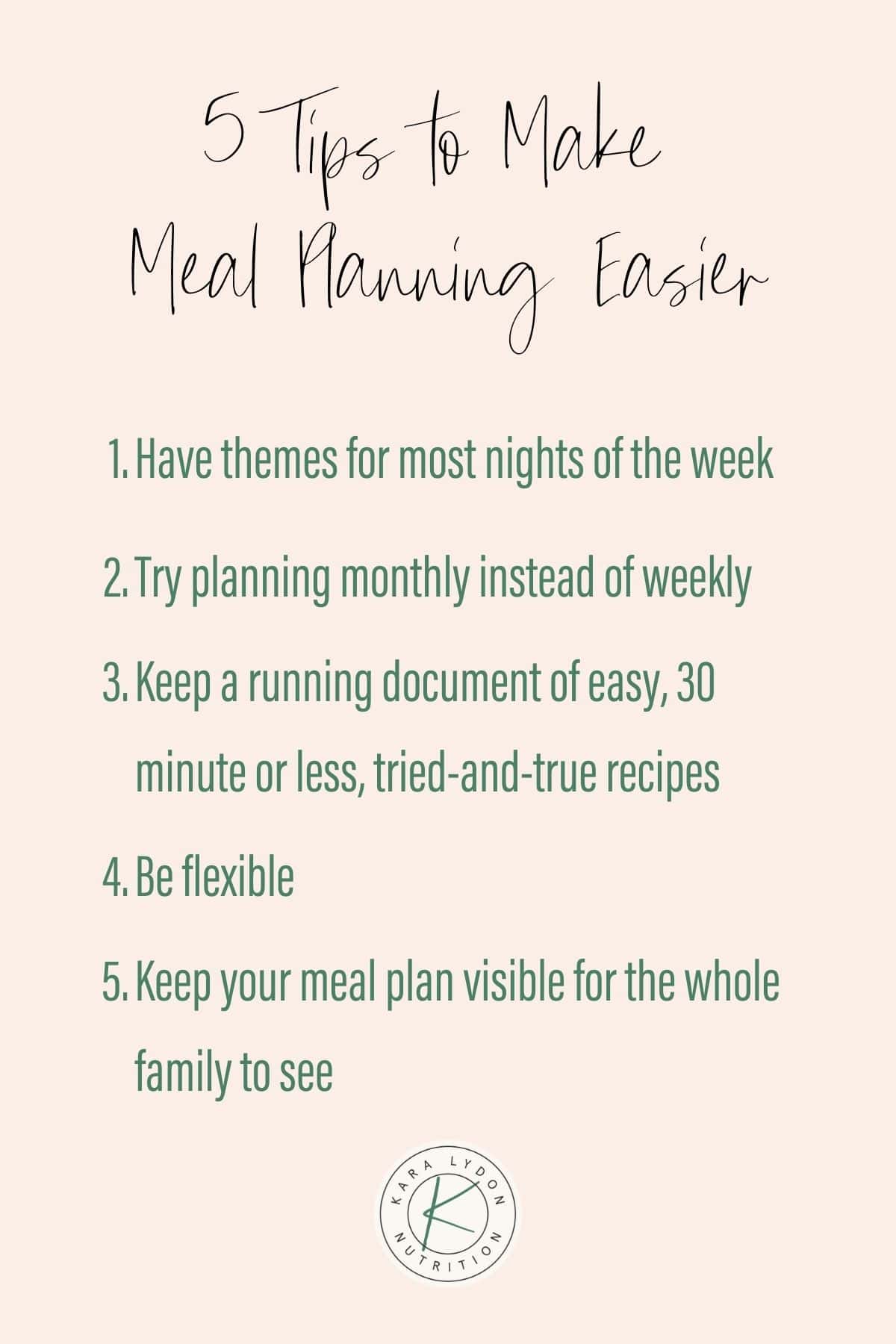 pink graphic with list 1 5 of tips to make meal planning easier