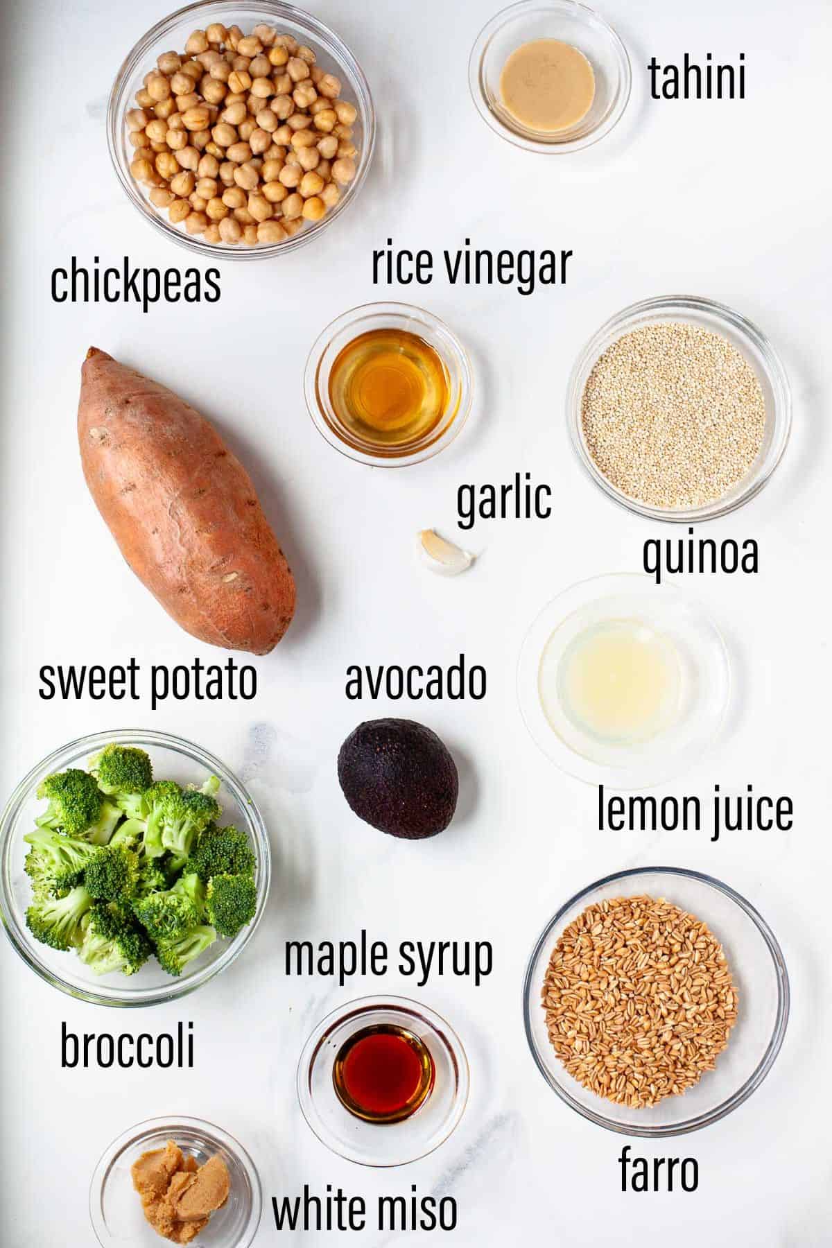 ingredient chart for a bowl of ancient grains on a marble surface with black text overlay