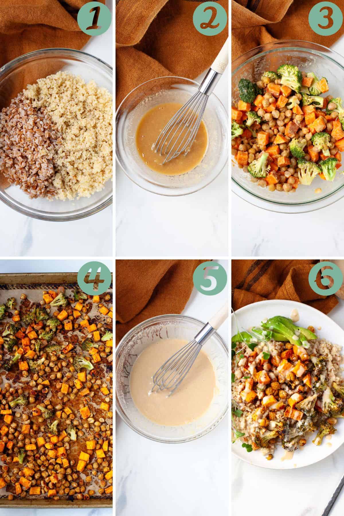 Step-by-step chart of how to make an ancient grains bowl.