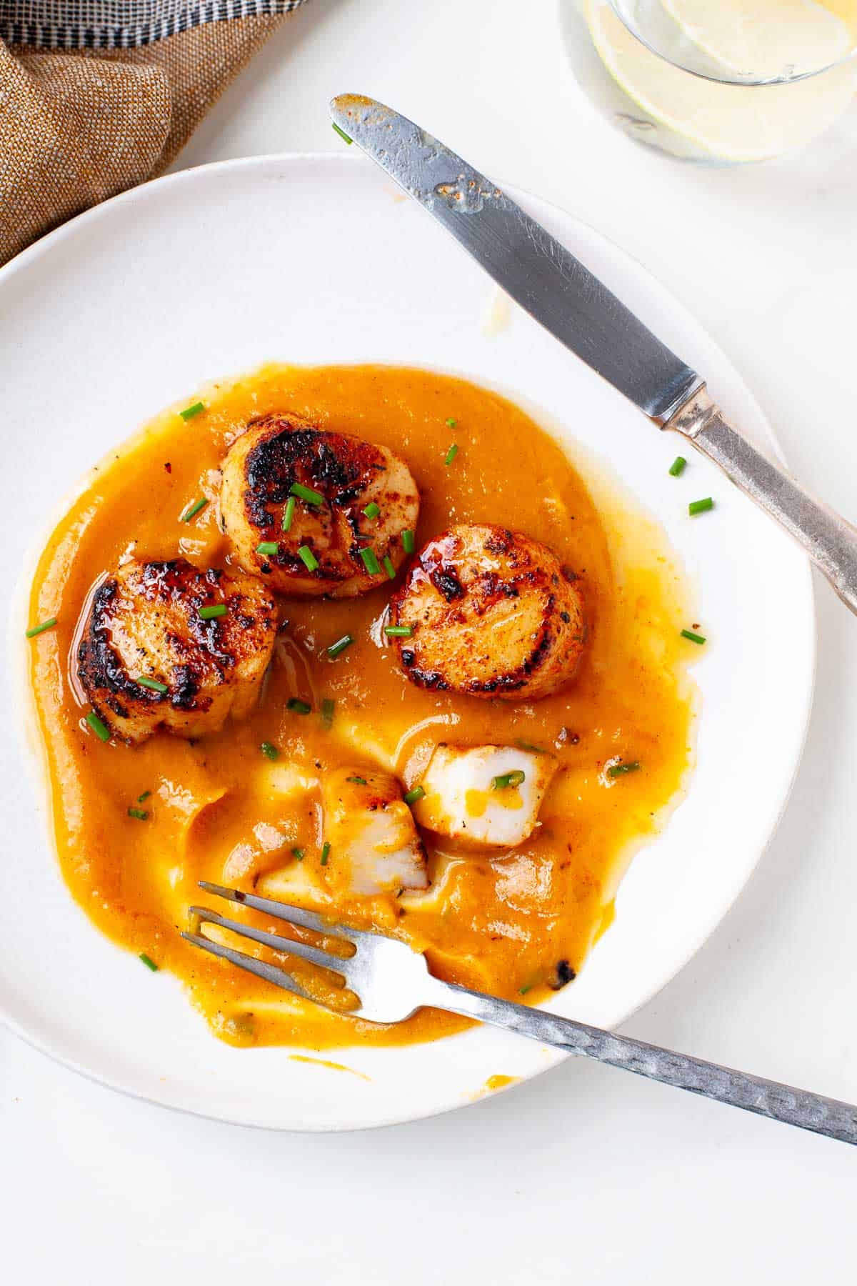 blackened scallops atop squash puree on a white dish with a silver fork and knife. 