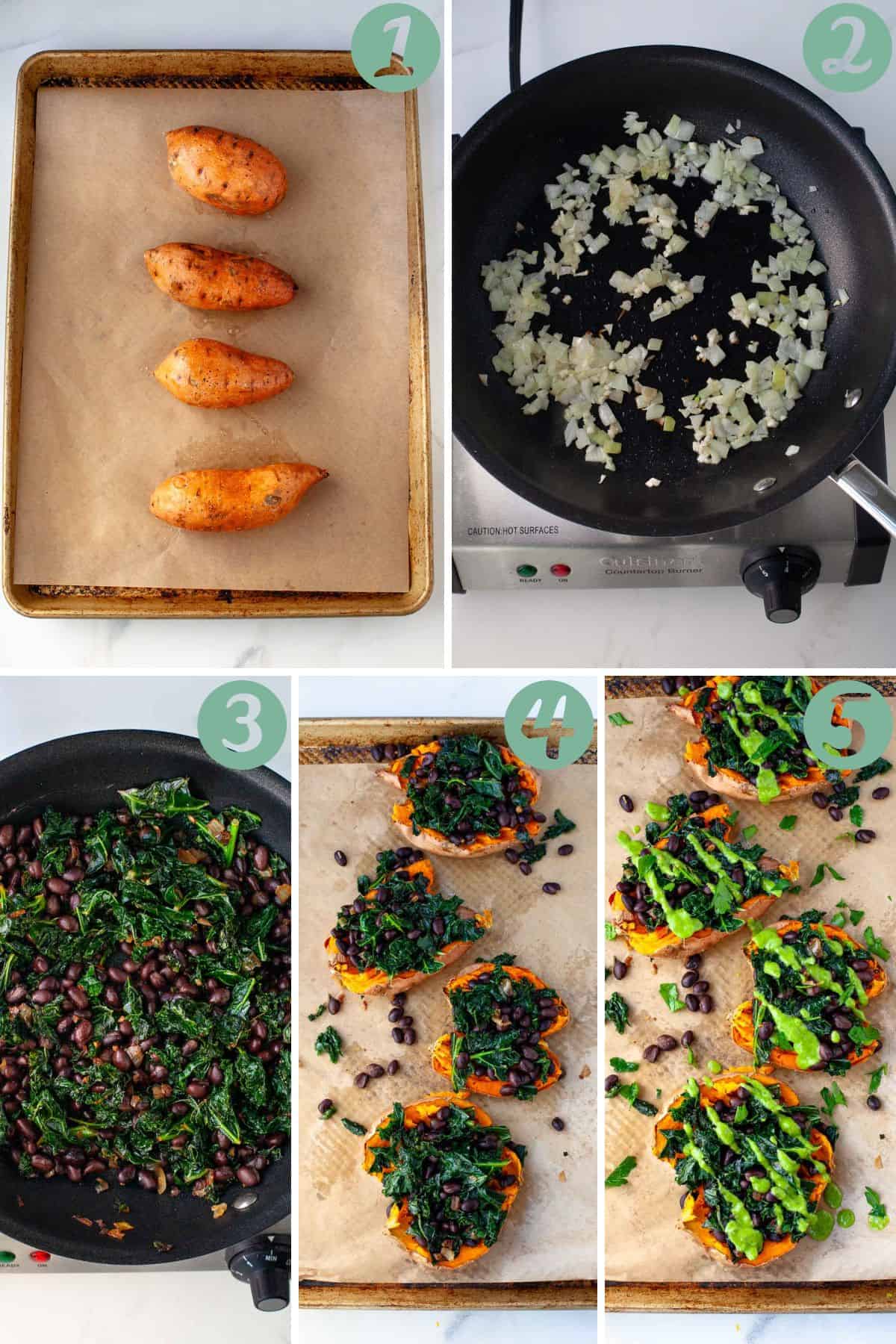 Step-by-step chart of how to make vegan loaded sweet potato.