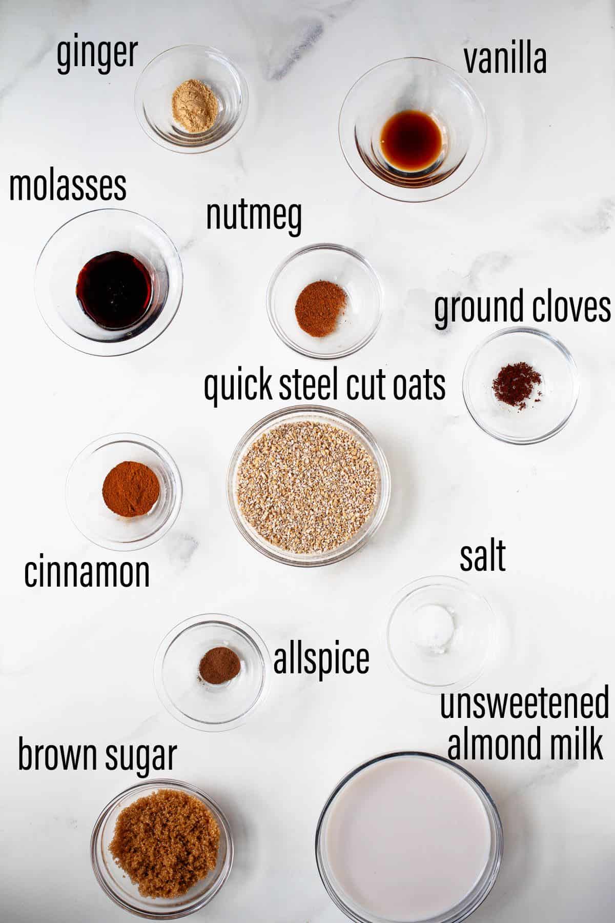 Oatmeal gingerbread ingredients graphic on marble surface with black text overlay