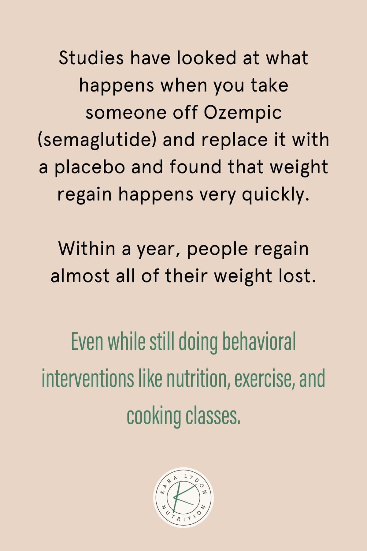 Graphic with quote: "Studies have looked at what happens when you take someone off Ozempic (semaglutide) and replace it with a placebo and found that weight regain happens very quickly. Within a year, people regain almost all of their weight lost, even while still doing behavioral interventions like nutrition, exercise, and cooking classes."