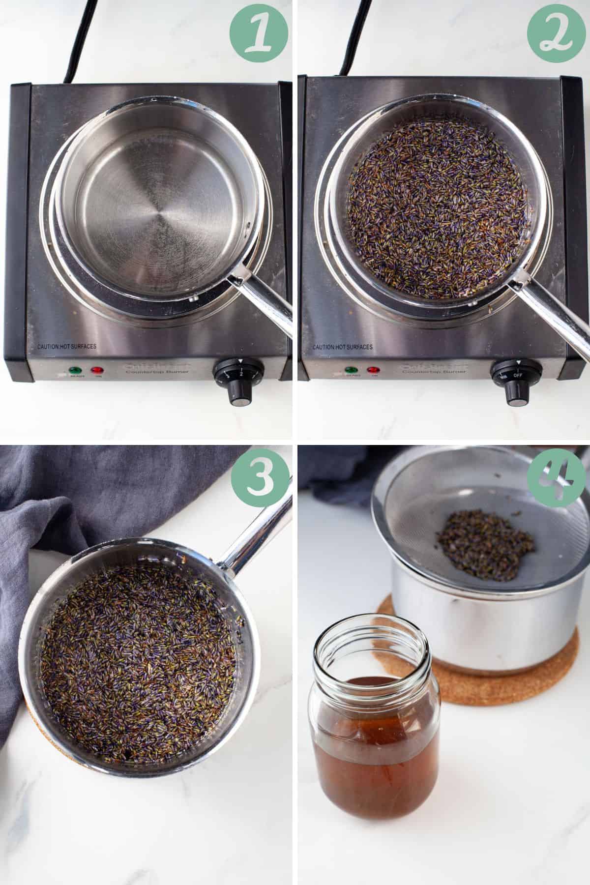 step by step graphic of how to make lavender syrup. 
