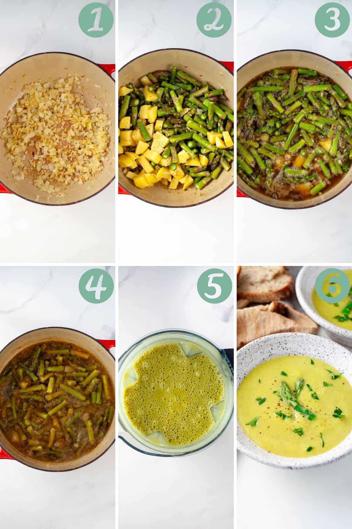 step by step graphic of how to make vegan asparagus soup