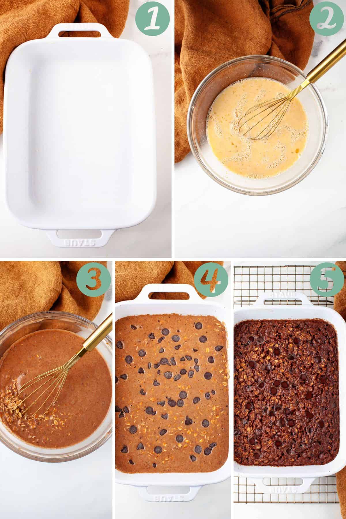 step by step graphic of how to make chocolate baked oatmeal