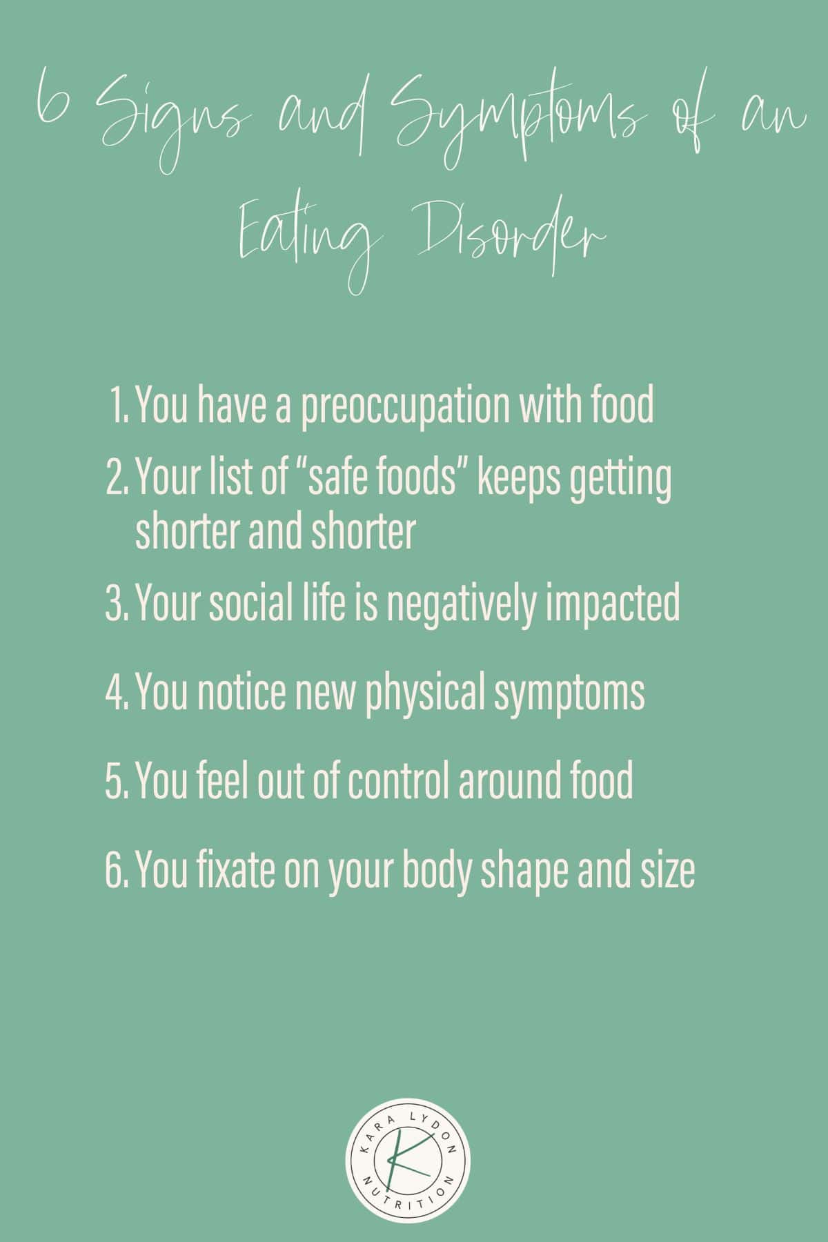 Graphic listing 6 signs and symptoms of an eating disorder.